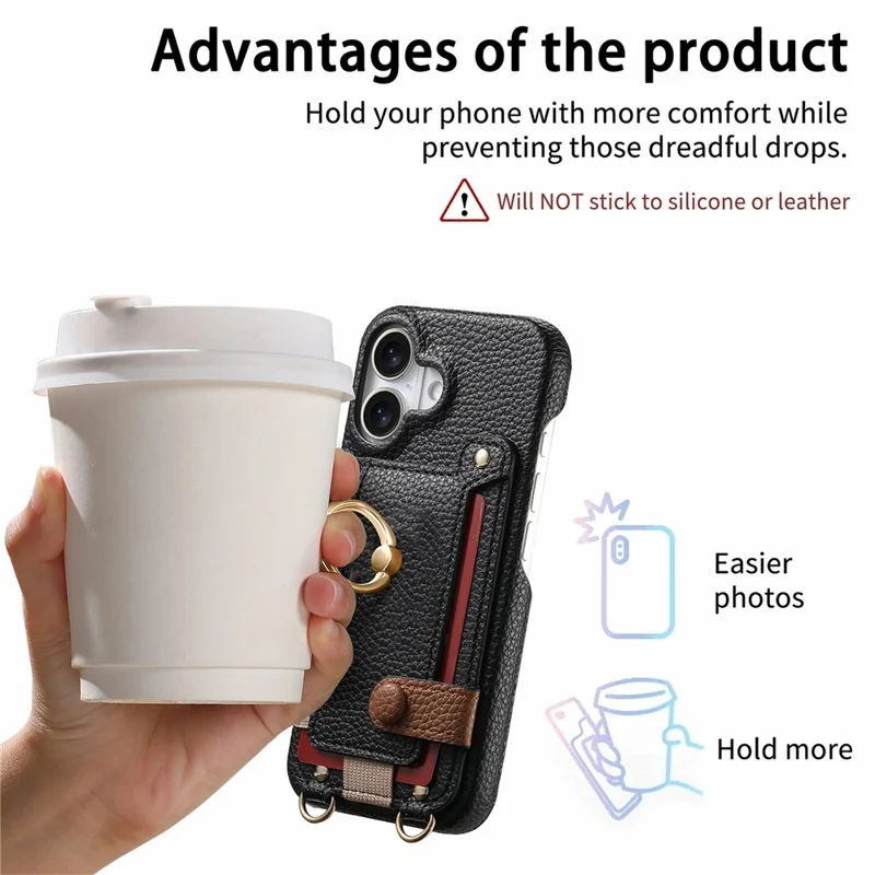 For iPhone 17 Case Card Holder Ring Kickstand Leather + PC Phone Cover with Shoulder Strap - Black