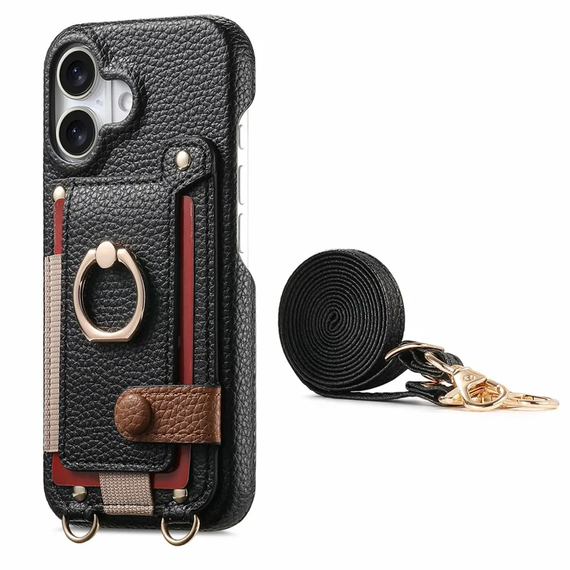 For iPhone 17 Case Card Holder Ring Kickstand Leather + PC Phone Cover with Shoulder Strap - Black