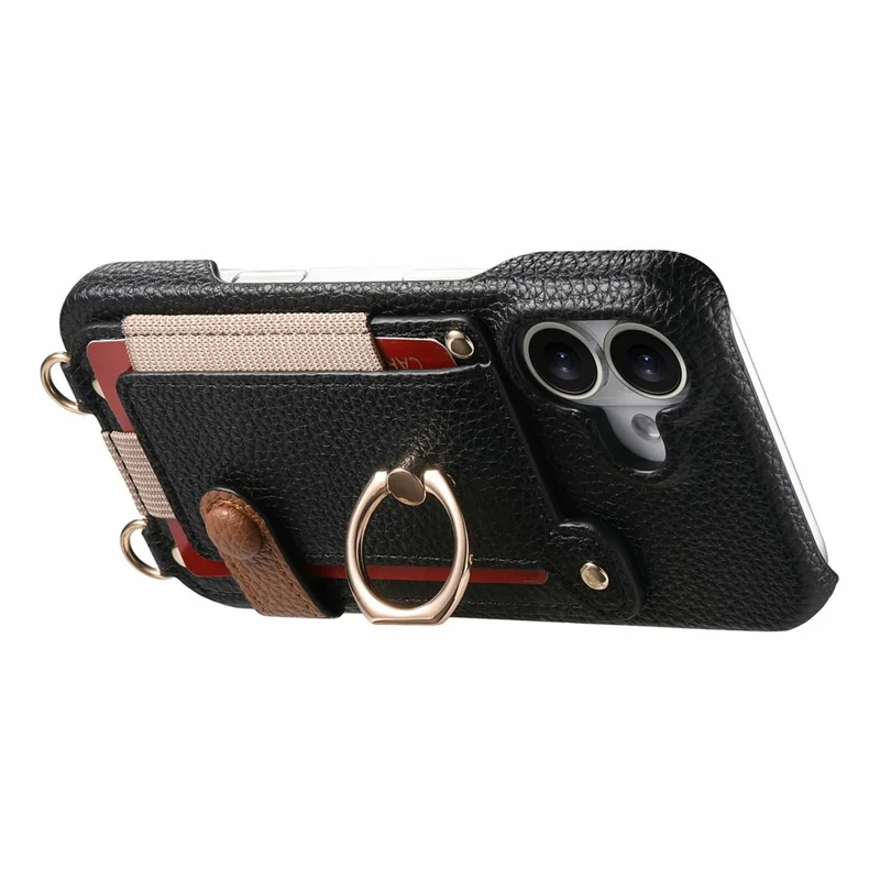 For iPhone 17 Case Card Holder Ring Kickstand Leather + PC Phone Cover with Shoulder Strap - Black