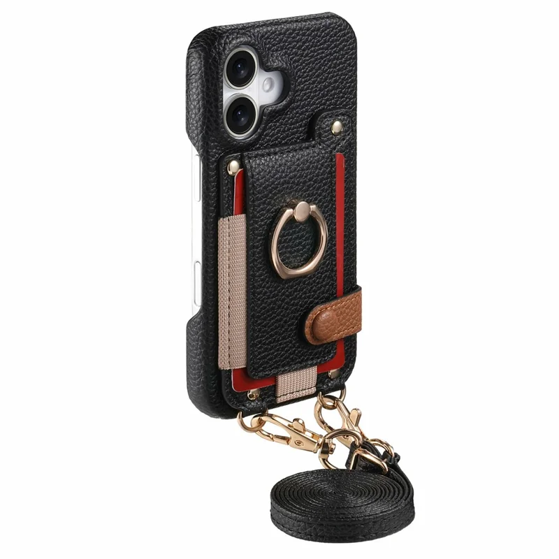 For iPhone 17 Case Card Holder Ring Kickstand Leather + PC Phone Cover with Shoulder Strap - Black