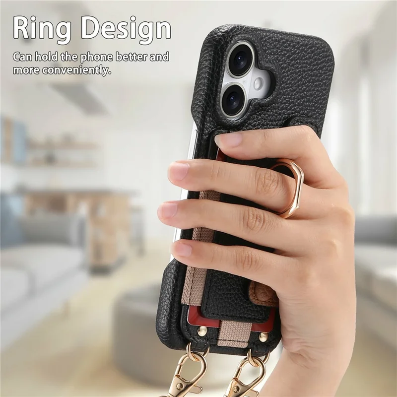 For iPhone 17 Case Card Holder Ring Kickstand Leather + PC Phone Cover with Shoulder Strap - Black
