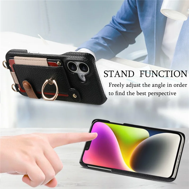 For iPhone 17 Case Card Holder Ring Kickstand Leather + PC Phone Cover with Shoulder Strap - Black