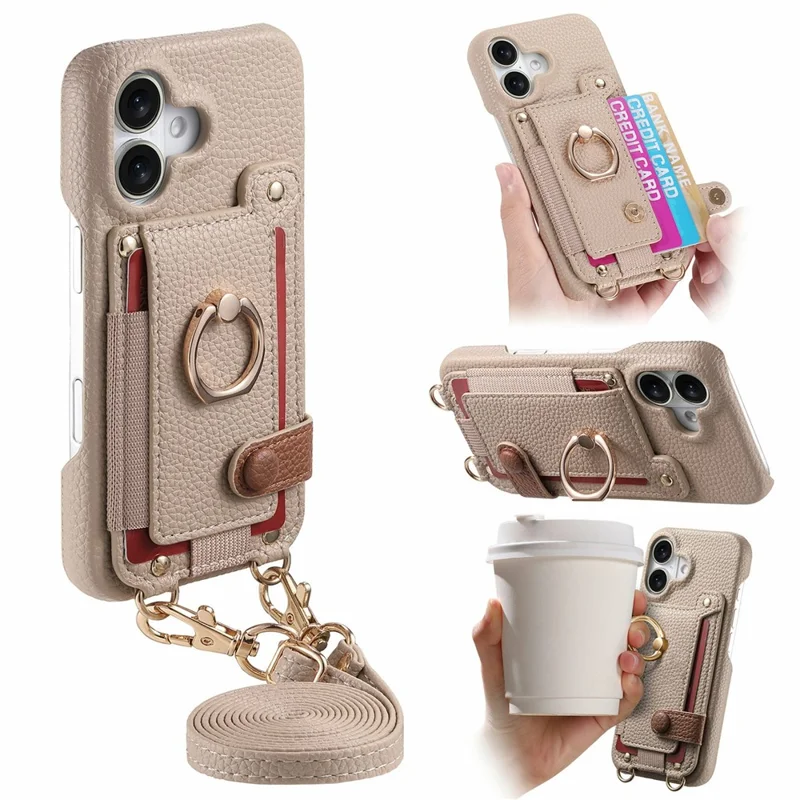 iPhone 17 Hülle mit Kartenfach, Ring, Ständer, Leder + PC Handyhülle mit Schultergurt - Khaki