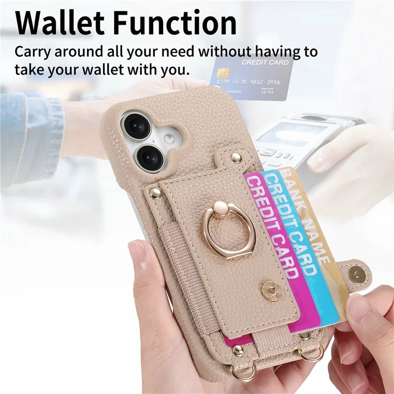 iPhone 17 Hülle mit Kartenfach, Ring, Ständer, Leder + PC Handyhülle mit Schultergurt - Khaki