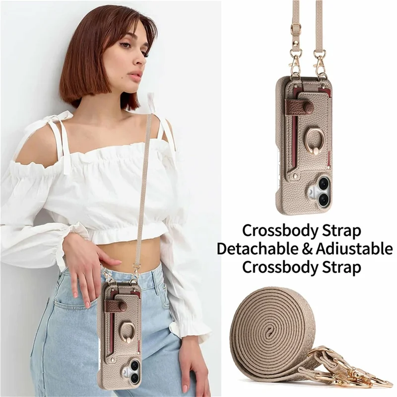 iPhone 17 Hülle mit Kartenfach, Ring, Ständer, Leder + PC Handyhülle mit Schultergurt - Khaki