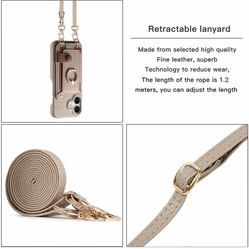 iPhone 17 Hülle mit Kartenfach, Ring, Ständer, Leder + PC Handyhülle mit Schultergurt - Khaki