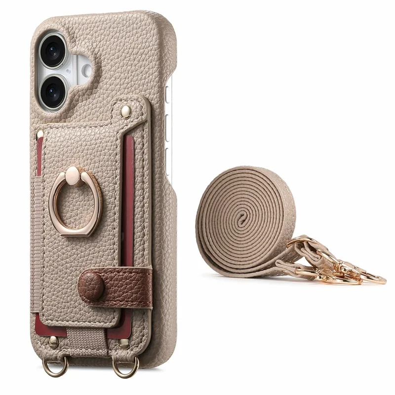 iPhone 17 Hülle mit Kartenfach, Ring, Ständer, Leder + PC Handyhülle mit Schultergurt - Khaki