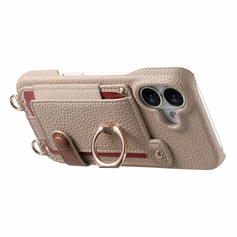 iPhone 17 Hülle mit Kartenfach, Ring, Ständer, Leder + PC Handyhülle mit Schultergurt - Khaki