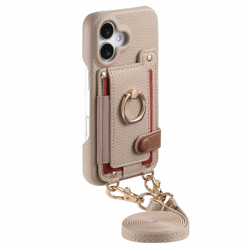 iPhone 17 Hülle mit Kartenfach, Ring, Ständer, Leder + PC Handyhülle mit Schultergurt - Khaki