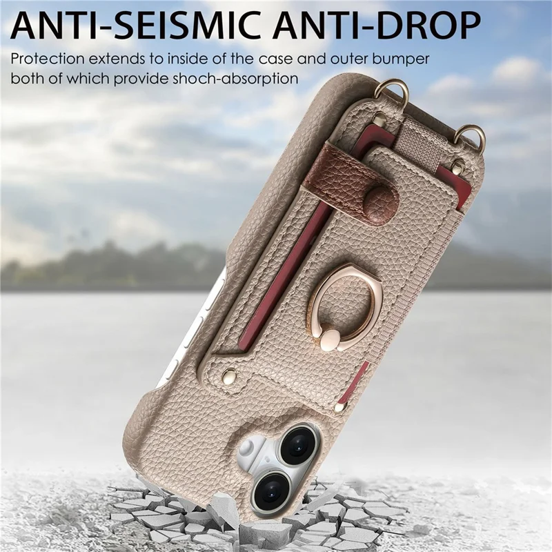 iPhone 17 Hülle mit Kartenfach, Ring, Ständer, Leder + PC Handyhülle mit Schultergurt - Khaki
