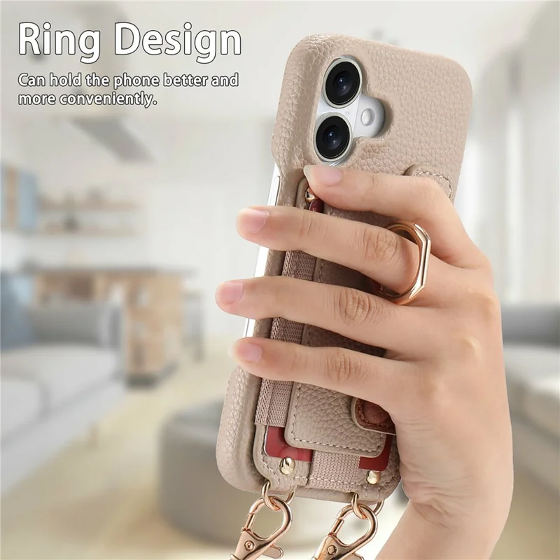 iPhone 17 Hülle mit Kartenfach, Ring, Ständer, Leder + PC Handyhülle mit Schultergurt - Khaki