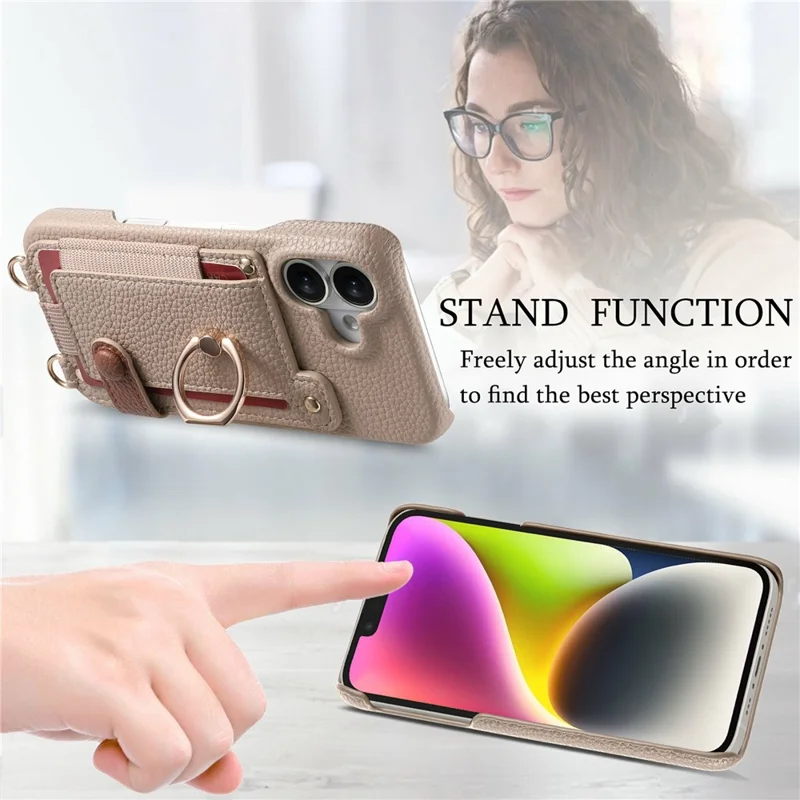 iPhone 17 Hülle mit Kartenfach, Ring, Ständer, Leder + PC Handyhülle mit Schultergurt - Khaki