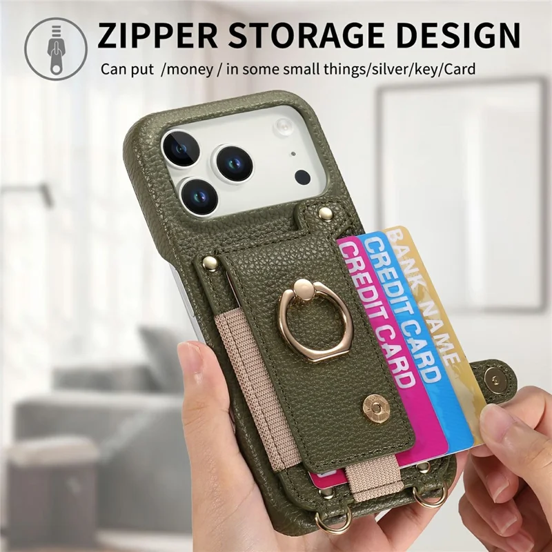 iPhone 17 Pro Max Hülle Kartenfach Ringhalterung Leder + PC Handyhülle mit Schultergurt - Mitternachtsgrün