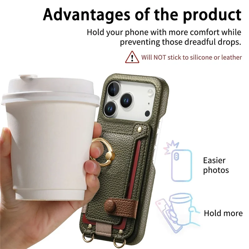 iPhone 17 Pro Max Hülle Kartenfach Ringhalterung Leder + PC Handyhülle mit Schultergurt - Mitternachtsgrün