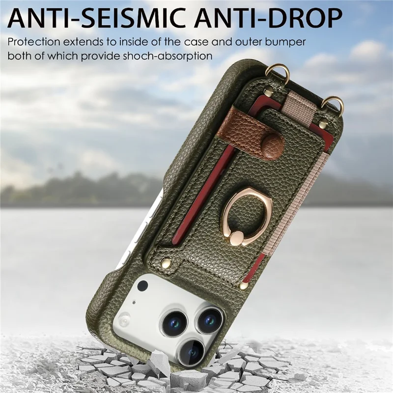 iPhone 17 Pro Max Hülle Kartenfach Ringhalterung Leder + PC Handyhülle mit Schultergurt - Mitternachtsgrün