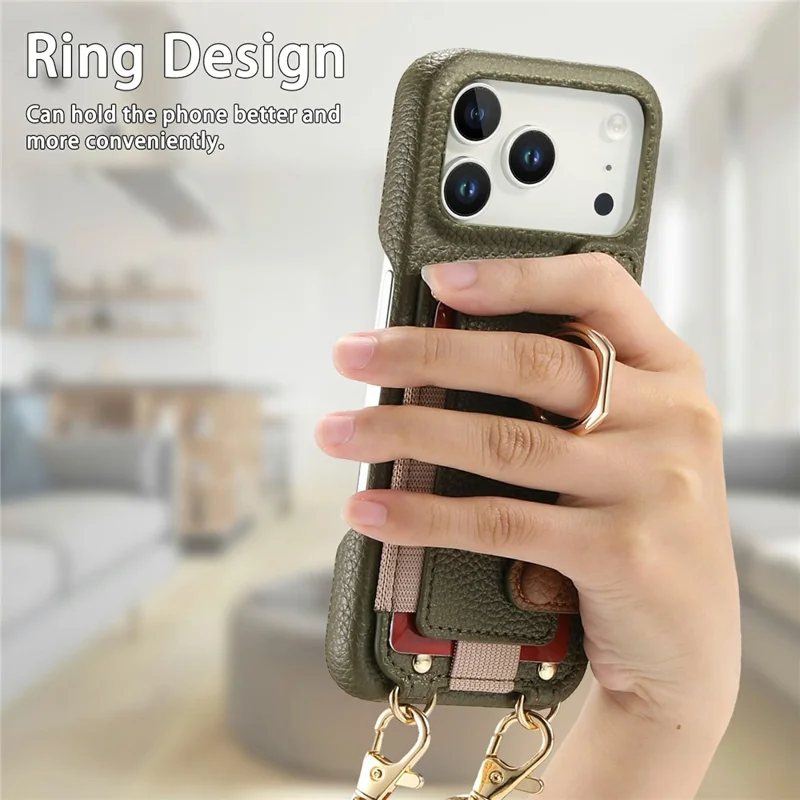 iPhone 17 Pro Max Hülle Kartenfach Ringhalterung Leder + PC Handyhülle mit Schultergurt - Mitternachtsgrün