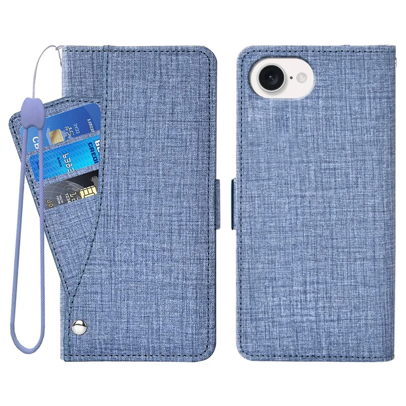 For iPhone 16e Case Jean Cloth Texture PU Leather Wallet Phone Cover with Rotating Card Slots - Blue