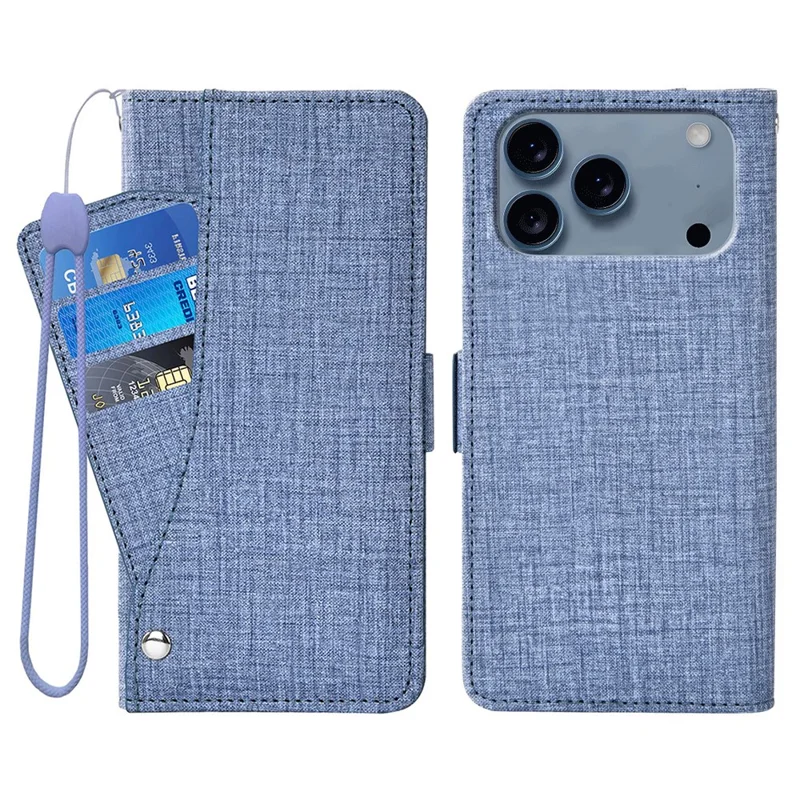 For iPhone 17 Pro Max Case Jean Cloth Texture PU Leather Wallet Phone Cover with Rotating Card Slots - Blue