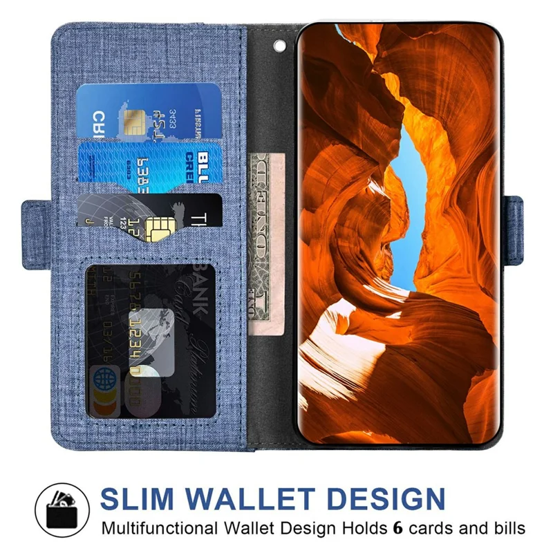 For Samsung Galaxy S24 FE Case Jean Cloth Texture PU Leather Wallet Phone Cover with Rotating Card Slots - Blue