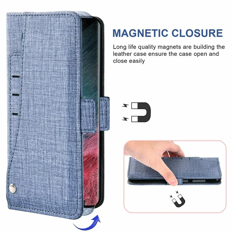 For Samsung Galaxy S24 FE Case Jean Cloth Texture PU Leather Wallet Phone Cover with Rotating Card Slots - Blue