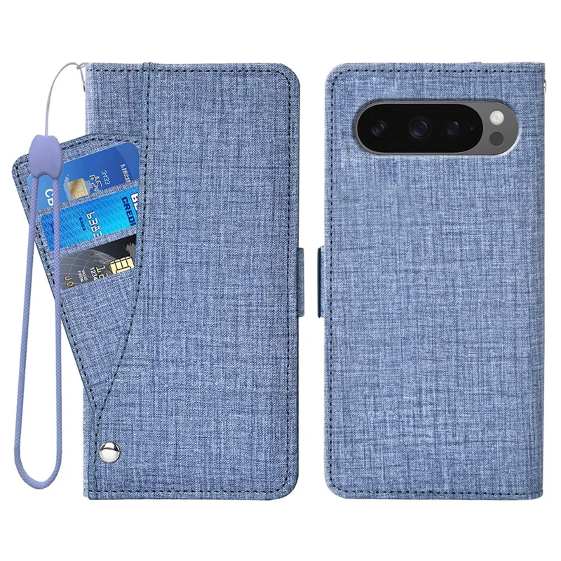 Phone Case For Google Pixel 10  /  10 Pro  /  9  /  9 Pro Jean Cloth Texture PU Leather Wallet Cover with Rotating Card Slots - Blue
