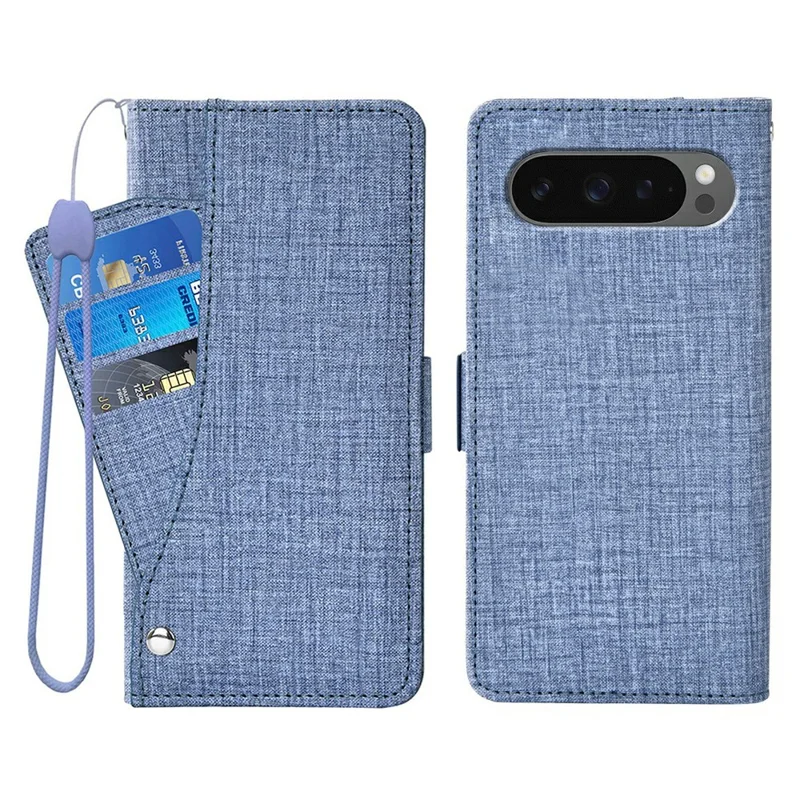 For Google Pixel 10 Pro XL  /  Pixel 9 Pro XL Case Jean Cloth Texture PU Leather Wallet Phone Cover with Rotating Card Slots - Blue