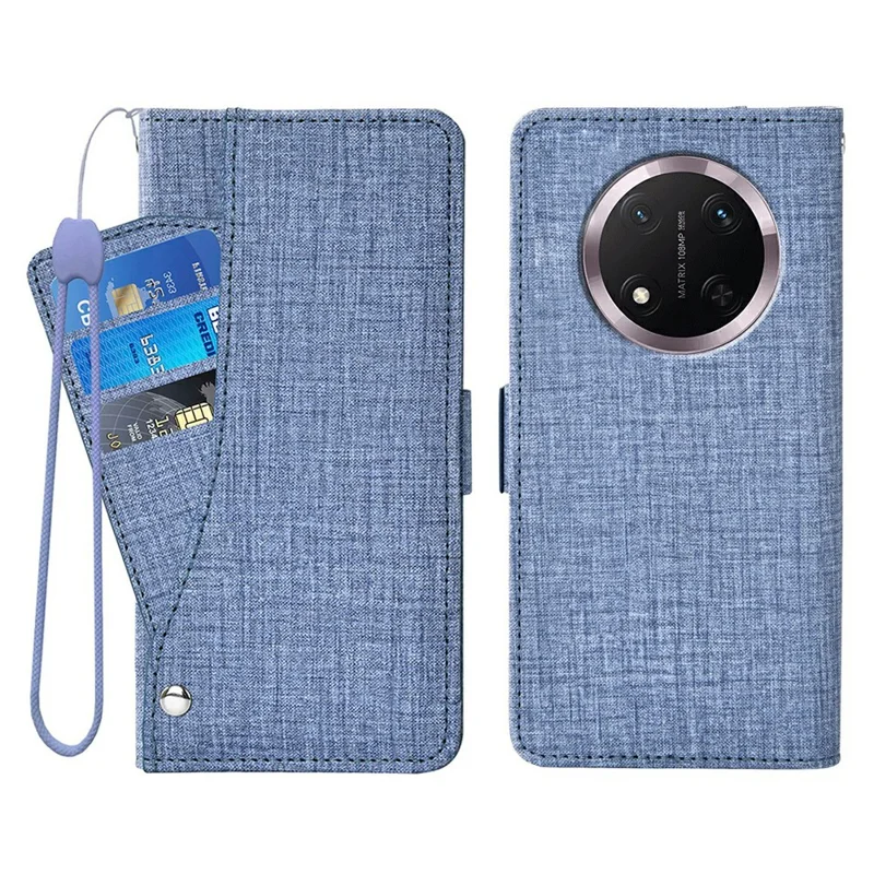 Étui de téléphone pour Honor Magic7 Lite 5G / X9c 5G / X60 Pro 5G Texture en tissu jean Couverture en cuir PU avec fentes pour cartes pivotantes - Bleu