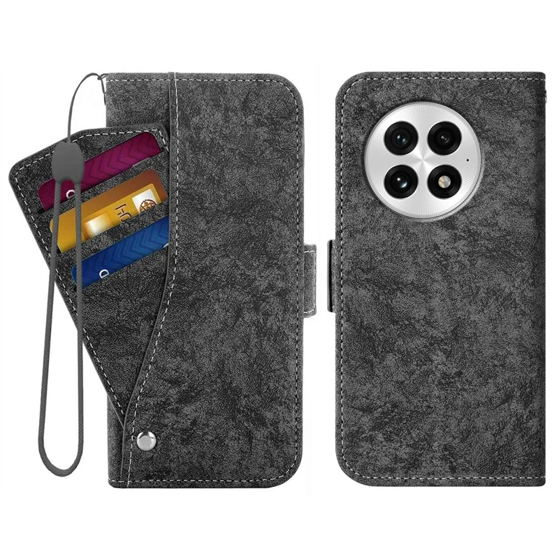 For OnePlus 13 Case Water-ink Painting Wallet PU Leathe Phone Cover with Rotating Card Slots - Black