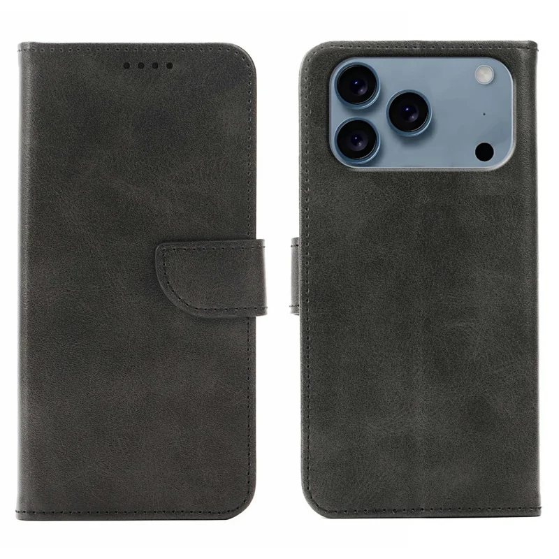 For iPhone 17 Pro Max Case Wallet Stand Magnetic Clasp Closure Calf Texture Leather Phone Cover - Black