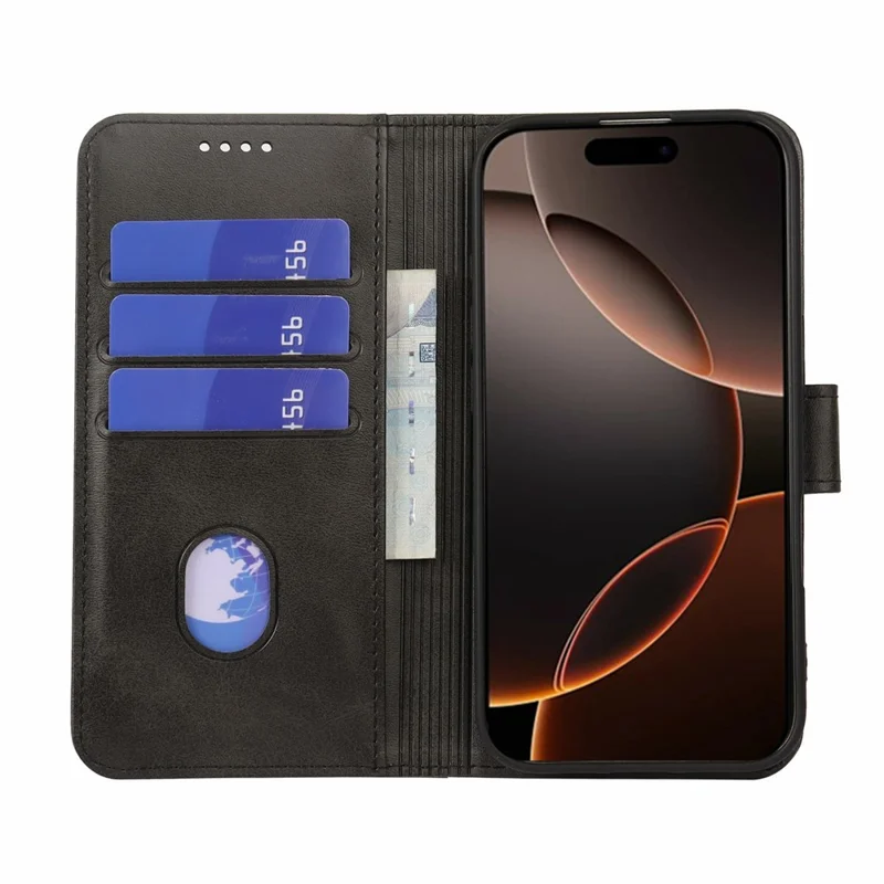 For iPhone 17 Pro Max Case Wallet Stand Magnetic Clasp Closure Calf Texture Leather Phone Cover - Black