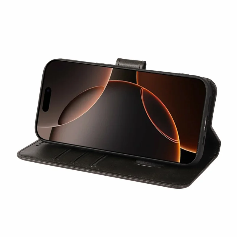 For iPhone 17 Pro Case Wallet Stand Magnetic Clasp Closure Calf Texture Leather Phone Cover - Black