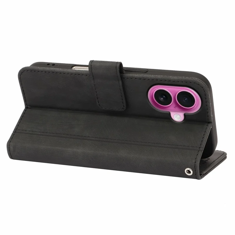 Für iPhone 16 Plus Leder Geldbörse Hülle Einfarbige Haut-Gefühl Linie Splicing Handyhülle mit Magnetverschluss - Schwarz