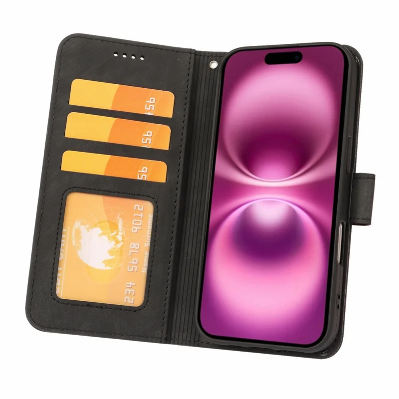 For iPhone 17 Leather Wallet Case Solid Color Skin-feel Line Splicing Phone Cover with Magnetic Clasp - Black