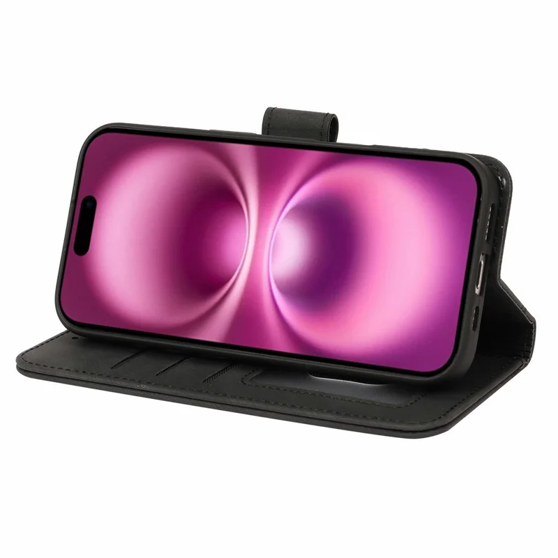 For iPhone 17 Leather Wallet Case Solid Color Skin-feel Line Splicing Phone Cover with Magnetic Clasp - Black