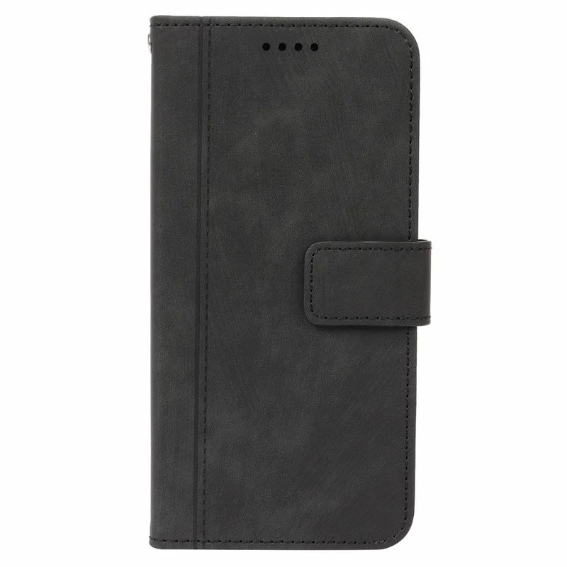 For iPhone 17 Leather Wallet Case Solid Color Skin-feel Line Splicing Phone Cover with Magnetic Clasp - Black