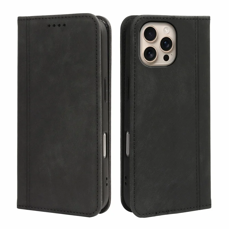 For iPhone 16 Pro Leather Case Strong Magnetic Skin-Like Texture Embossed Lines Wallet Stand Phone Cover - Black