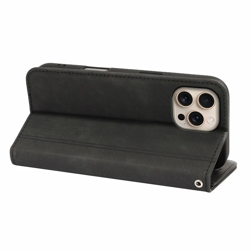 For iPhone 16 Pro Leather Case Strong Magnetic Skin-Like Texture Embossed Lines Wallet Stand Phone Cover - Black