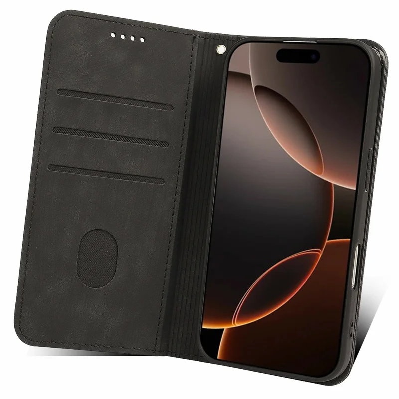 Capa de Couro para iPhone 16 Pro Max - Preta, Textura Semelhante à Pele, Linhas em Relevo, Suporte para Carteira e Magnética