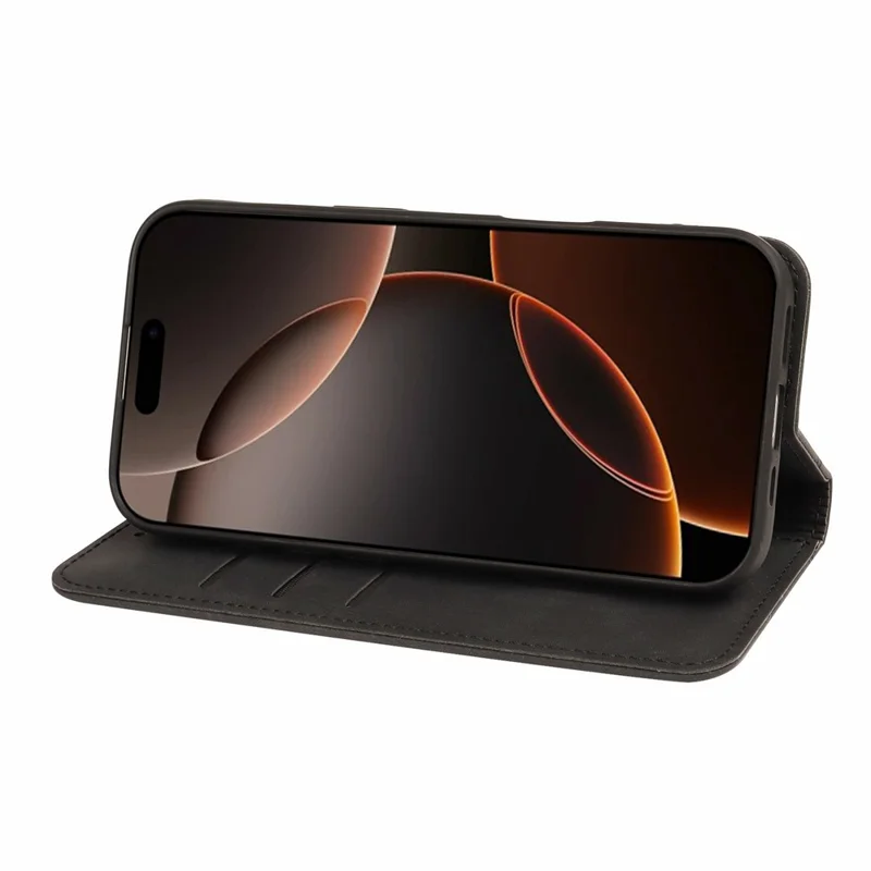 Capa de Couro para iPhone 16 Pro Max - Preta, Textura Semelhante à Pele, Linhas em Relevo, Suporte para Carteira e Magnética