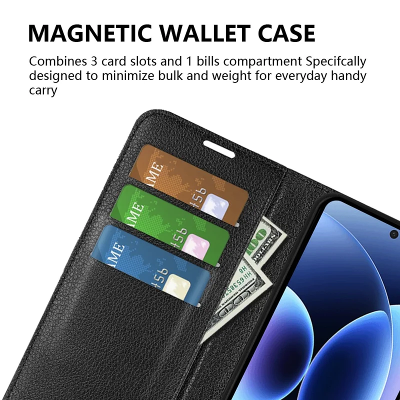 AMORUS For Xiaomi 17 Pro Wallet Case Litchi Texture Shockproof Leather Flip Stand Phone Cover - Black