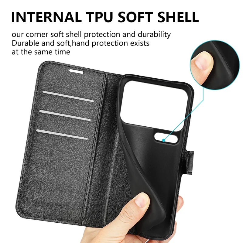 AMORUS For Xiaomi 17 Pro Wallet Case Litchi Texture Shockproof Leather Flip Stand Phone Cover - Black