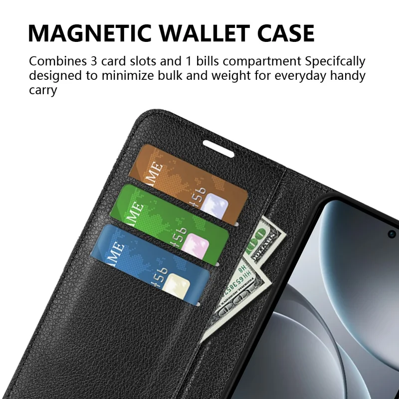 AMORUS For Oppo Find X9 5G Wallet Case Litchi Texture Shockproof Leather Flip Stand Phone Cover - Black