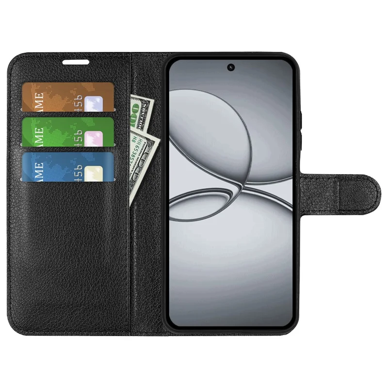 AMORUS For Realme 15T 5G Wallet Case Litchi Texture Shockproof Leather Flip Stand Phone Cover - Black