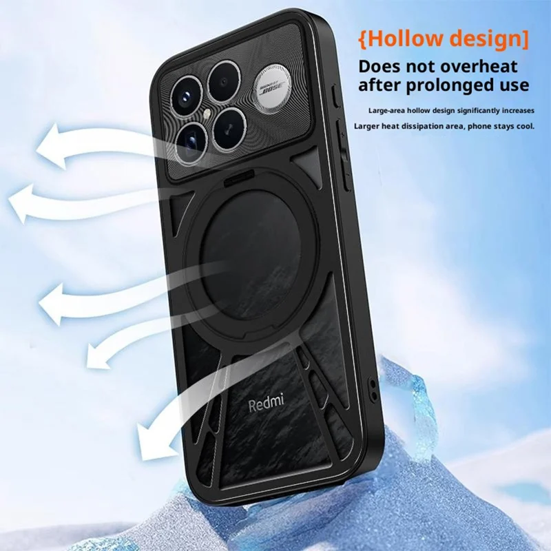 Capa Xiaomi Redmi K90 Pro Max 5G - Magnética, Suporte, Dissipação de Calor, Silicone + PC + Bumper de Metal - Preta