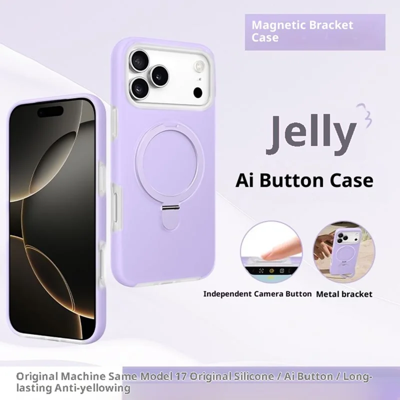 For iPhone 17 Pro Case Jelly Color Ring Kickstand Liquid Silicone Phone Cover with AI Camera Button - Pink