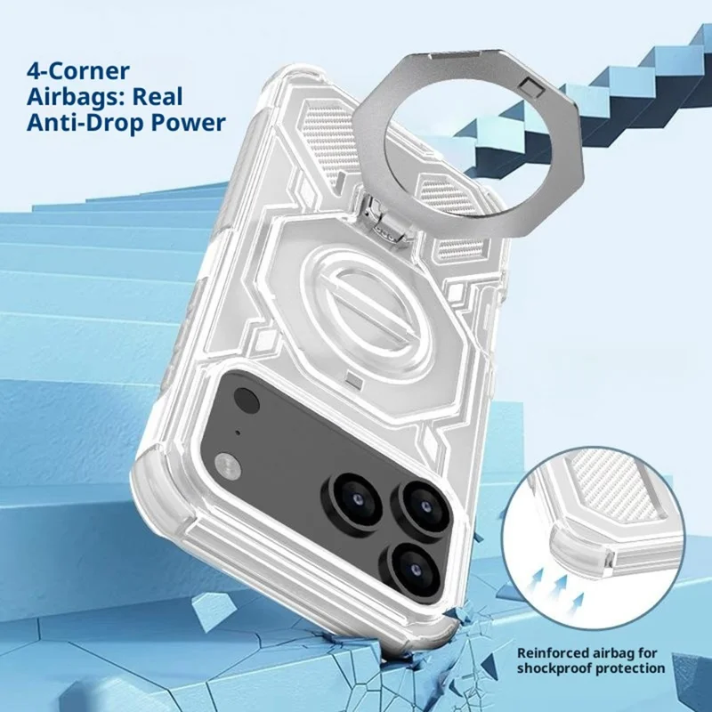 Custodia iPhone 17 Pro Compatibile con MagSafe Supporto Pieghevole TPU + Protezione PC Cuscinetto d'Aria - Rosa Trasparente