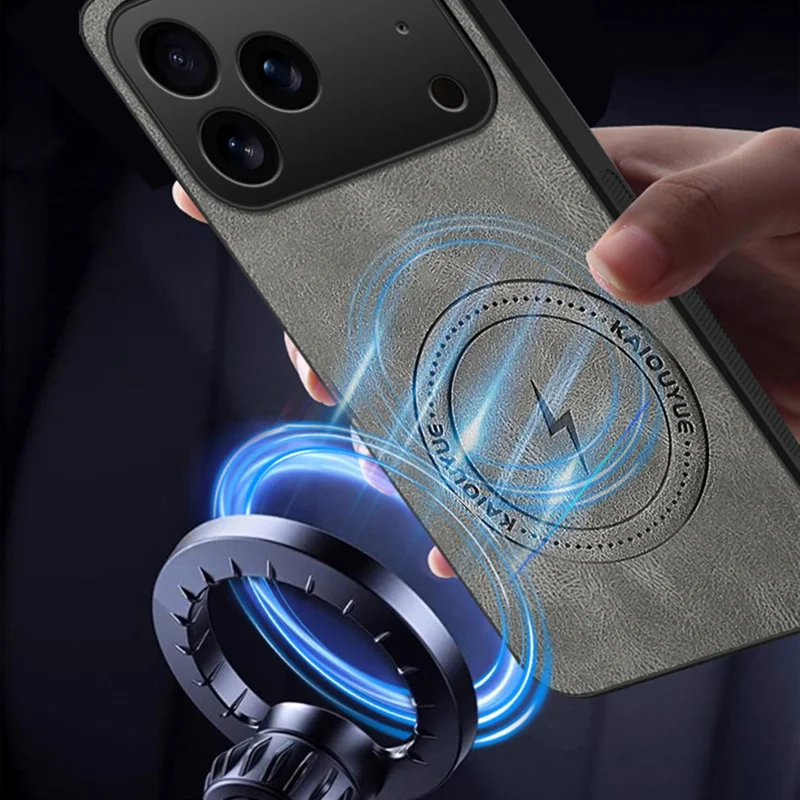 Capa iPhone 17 Pro Max Compatível com MagSafe Textura Nappa Couro PU TPU Capa Traseira do Telefone - Cinza