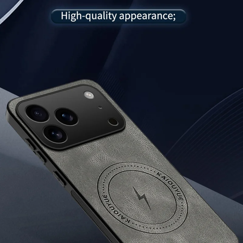 Capa iPhone 17 Pro Max Compatível com MagSafe Textura Nappa Couro PU TPU Capa Traseira do Telefone - Cinza