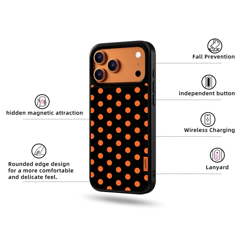 CASEEVO For iPhone 17 Pro Case Compatible with MagSafe Polka Dot Pattern TPU PC Phone Cover - Black  /  Orange
