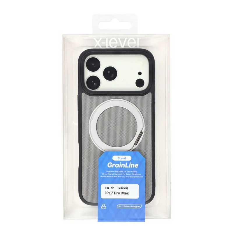 X-LEVEL For iPhone 17 Pro Max Magnetic Case Kickstand Longitude Latitude Teature PU Leather PC TPU Phone Cover - Grey